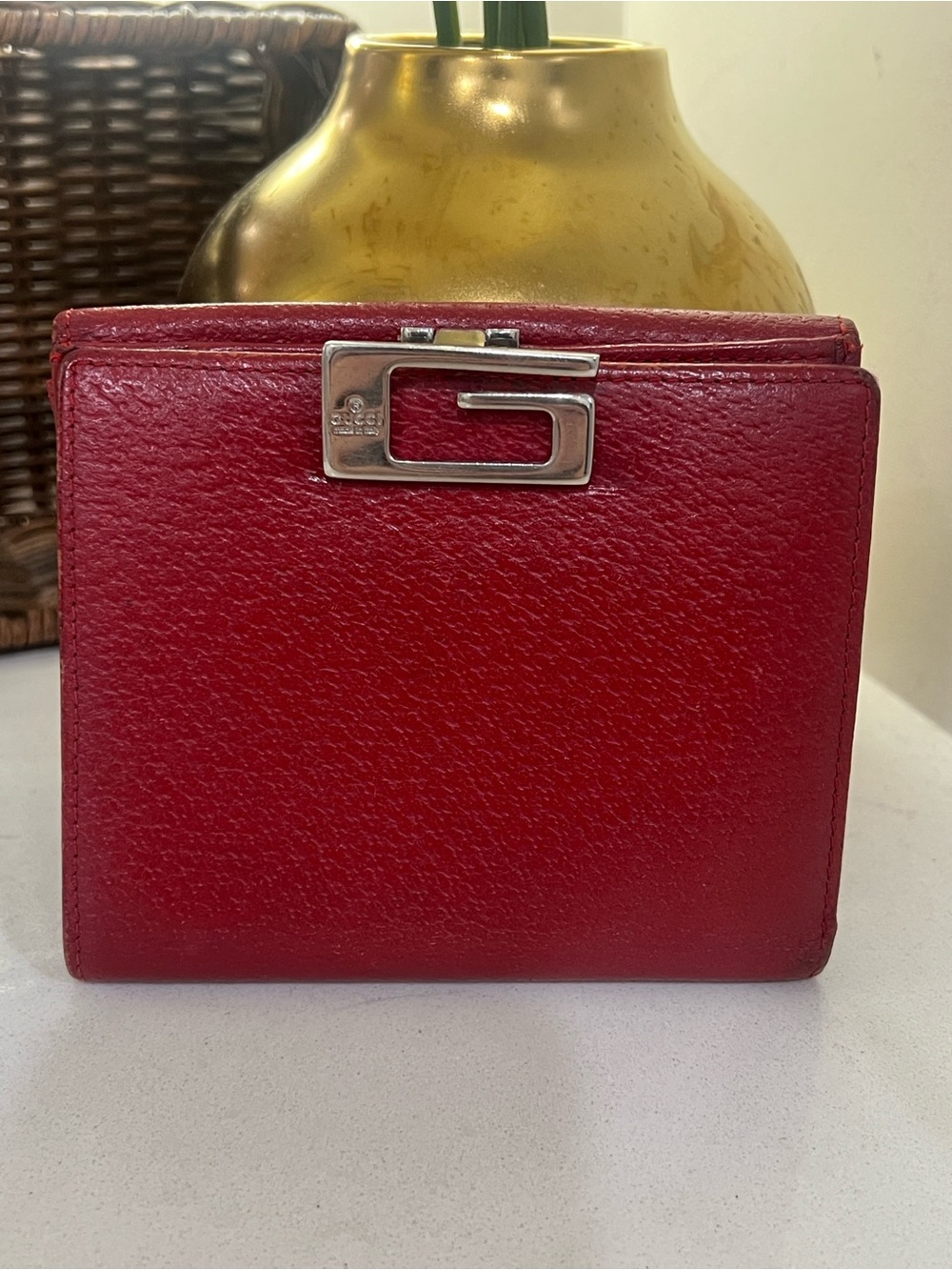 Gucci Red Leather Compact Continental Wallet with Silver G Accent